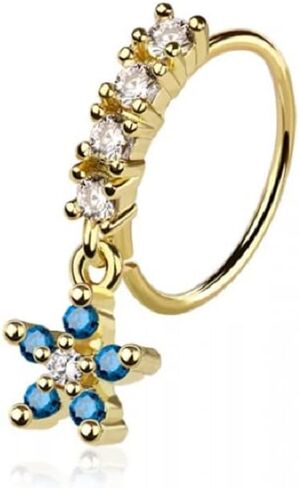 Pierced Owl 20GA 316L Stainless Steel CZ Crystal Lined Hoop with Dangling Blue Flower Charm Bendable Nose Ring in Kuwait