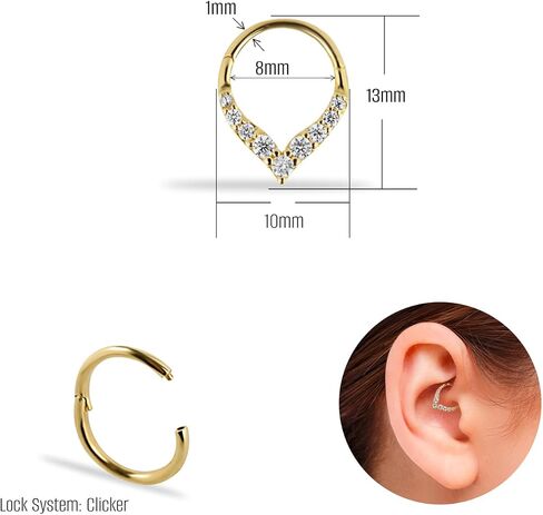 8mm Clicker Hoop Cartilage Piercing Earring With Clear Zircons - 14K Solid Yellow Gold - For Helix Tragus Septum Lobe Conch & Other Body Piercing BY KORAL JEWELRY in Saudi Arabia