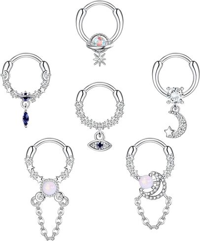 FINREZIO 16G Septum Rings Stainless Steel Dangle Septum Jewelry with Blue Plant Clear Moon Sun Daith Cartilage Helix Tragus Earrings Nose Rings Piercing Jewelry for Women in Kuwait