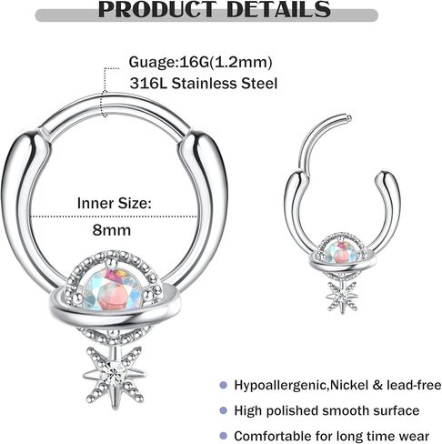 FINREZIO 16G Septum Rings Stainless Steel Dangle Septum Jewelry with Blue Plant Clear Moon Sun Daith Cartilage Helix Tragus Earrings Nose Rings Piercing Jewelry for Women in Kuwait