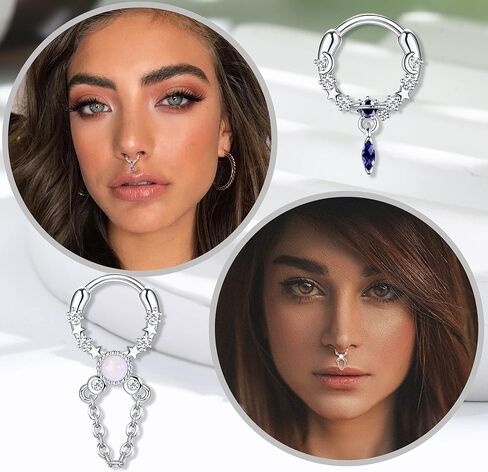 FINREZIO 16G Septum Rings Stainless Steel Dangle Septum Jewelry with Blue Plant Clear Moon Sun Daith Cartilage Helix Tragus Earrings Nose Rings Piercing Jewelry for Women in Kuwait