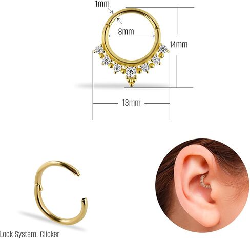 حلق ثقب الغضروف من Clicker Hoop مع الزركون الشفاف - ذهب أصفر خالص عيار 14 قيراط - من أجل Helix Tragus Septum Lobe Conch وغيرها من أدوات ثقب الجسم من KORAL JEWELRY in Saudi Arabia