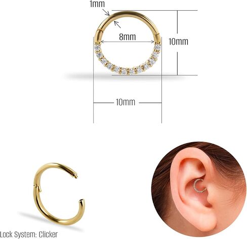 حلق ثقب الغضروف على شكل حلقة Clicker Hoop مقاس 8 مم مع زركون شفاف - ذهب أصفر خالص عيار 14 قيراط - من أجل محارة هيليكس تراغوس سيبتوم لوب وغيرها من أدوات ثقب الجسم من KORAL JEWELRY in Saudi Arabia