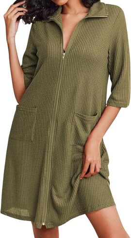 Ekouaer أردية حمام بسحاب للنساء منسوجة بالوافل قصيرة خفيفة الوزن بطول الركبة مع جيوب S-XXL in Kuwait