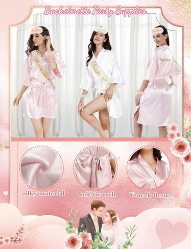 EPLAZA 6 Pcs Bride Bridesmaid Robes for Wedding Party Women Silky Robe with Eye Mask, Bride Sash, Bridal Veil and Hair Ties in Saudi Arabia