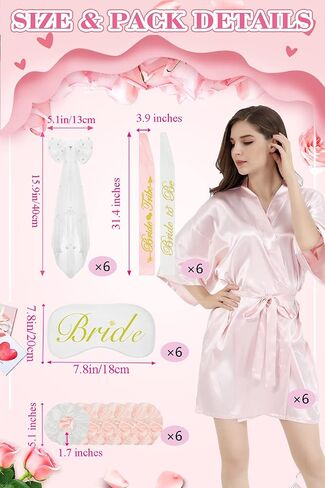EPLAZA 6 Pcs Bride Bridesmaid Robes for Wedding Party Women Silky Robe with Eye Mask, Bride Sash, Bridal Veil and Hair Ties in Saudi Arabia