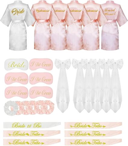 EPLAZA 6 Pcs Bride Bridesmaid Robes for Wedding Party Women Silky Robe with Eye Mask, Bride Sash, Bridal Veil and Hair Ties in Saudi Arabia