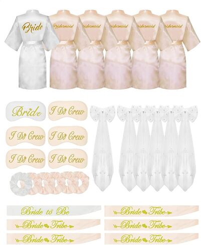 EPLAZA 6 Pcs Bride Bridesmaid Robes for Wedding Party Women Silky Robe with Eye Mask, Bride Sash, Bridal Veil and Hair Ties in Saudi Arabia