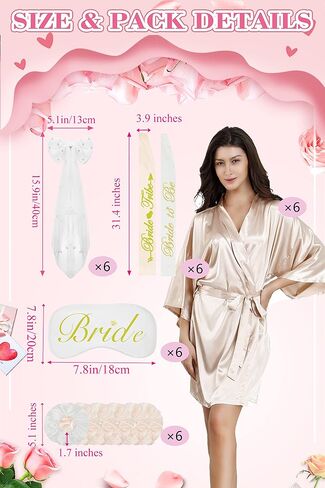 EPLAZA 6 Pcs Bride Bridesmaid Robes for Wedding Party Women Silky Robe with Eye Mask, Bride Sash, Bridal Veil and Hair Ties in Saudi Arabia