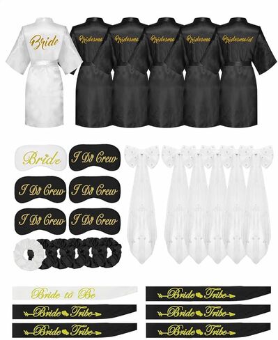 6 قطع من أردية وصيفة العروس من EPLAZA لحفلات الزفاف للنساء، رداء حريري مع قناع العين، وشاح العروس، وطرحة الزفاف وربطات الشعر in Kuwait