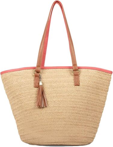 Boho Beach Life Woven Handbag with Cruelty Free Vegan Leather Straps - Casual Straw Bag Suitable for Daily Outings, Work, Travel, Parties, and Straw Beach Bag in Saudi Arabia