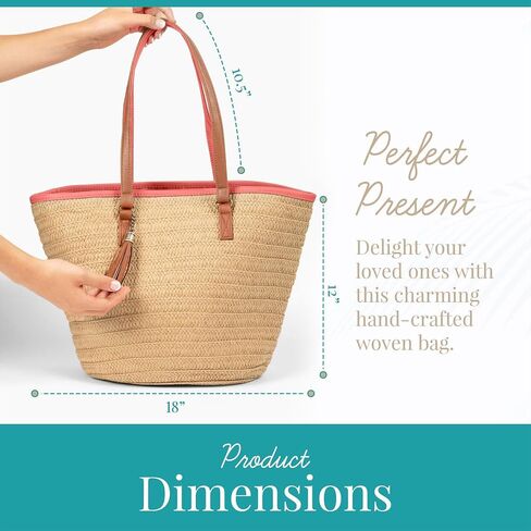Boho Beach Life Woven Handbag with Cruelty Free Vegan Leather Straps - Casual Straw Bag Suitable for Daily Outings, Work, Travel, Parties, and Straw Beach Bag in Saudi Arabia