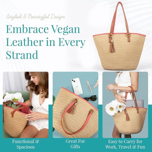 Boho Beach Life Woven Handbag with Cruelty Free Vegan Leather Straps - Casual Straw Bag Suitable for Daily Outings, Work, Travel, Parties, and Straw Beach Bag in Saudi Arabia