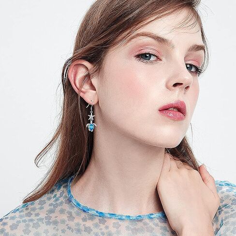 925 Sterling Silver Sea Turtle/Owl Dangle Drop Earrings Embellished with Crystals from Austria, Cute Animal Gifts for Women Girls in Saudi Arabia