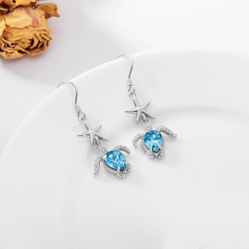 925 Sterling Silver Sea Turtle/Owl Dangle Drop Earrings Embellished with Crystals from Austria, Cute Animal Gifts for Women Girls in Saudi Arabia