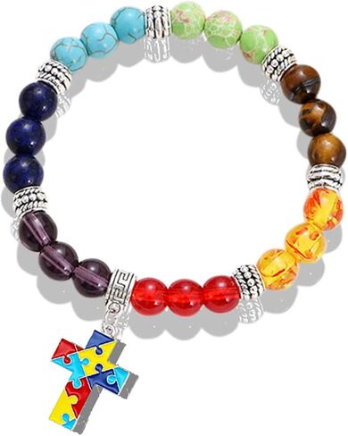 Dreuyet Autism Awareness Bracelet 7 Chacarat Bead Lace Bracelet Red Ribbon Charm Bracelets Healing Chakra Crystal Bracelets Puzzle Piece Jewelry Gifts in Saudi Arabia