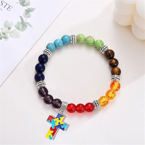 Dreuyet Autism Awareness Bracelet 7 Chacarat Bead Lace Bracelet Red Ribbon Charm Bracelets Healing Chakra Crystal Bracelets Puzzle Piece Jewelry Gifts in Saudi Arabia