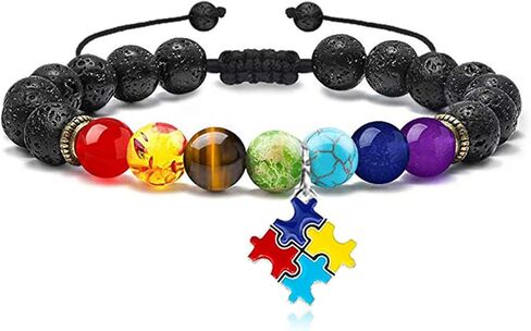 Dreuyet Autism Awareness Bracelet 7 Chacarat Bead Lace Bracelet Red Ribbon Charm Bracelets Healing Chakra Crystal Bracelets Puzzle Piece Jewelry Gifts in Saudi Arabia