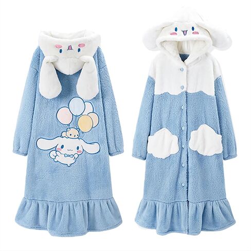Rpavutz Cute Hooded Fleece Robe for Women & Girls, Cartoon Design Soft Plush Warm Night-Robe, One Size Fits All in Kuwait