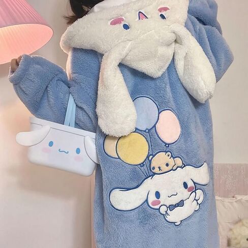 Rpavutz Cute Hooded Fleece Robe for Women & Girls, Cartoon Design Soft Plush Warm Night-Robe, One Size Fits All in Kuwait