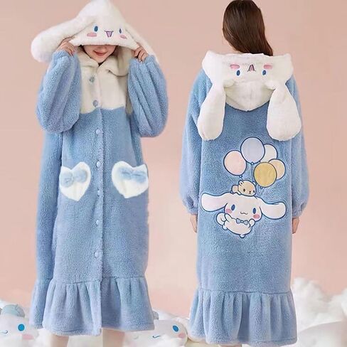 Rpavutz Cute Hooded Fleece Robe for Women & Girls, Cartoon Design Soft Plush Warm Night-Robe, One Size Fits All in Kuwait