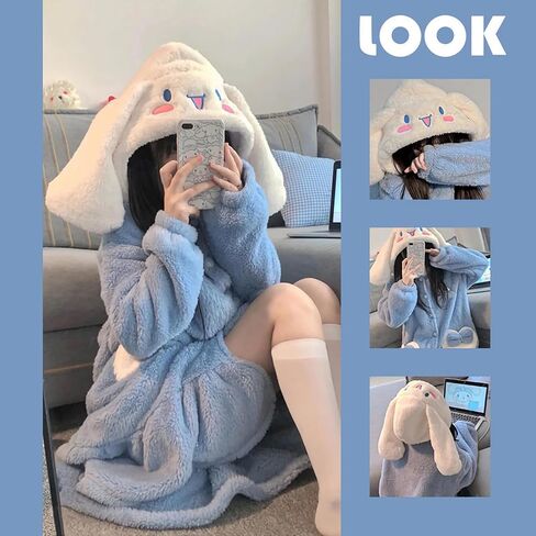 Rpavutz Cute Hooded Fleece Robe for Women & Girls, Cartoon Design Soft Plush Warm Night-Robe, One Size Fits All in Kuwait