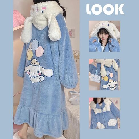 Rpavutz Cute Hooded Fleece Robe for Women & Girls, Cartoon Design Soft Plush Warm Night-Robe, One Size Fits All in Kuwait