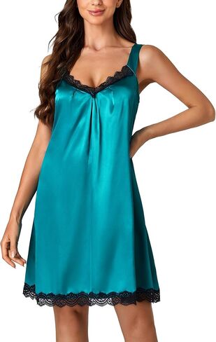 LYANER Women's Satin Nightgown Sexy V Neck Lace Lingerie Chemise Tank Nightdress Sleepwear in Saudi Arabia