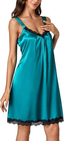 LYANER Women's Satin Nightgown Sexy V Neck Lace Lingerie Chemise Tank Nightdress Sleepwear in Saudi Arabia