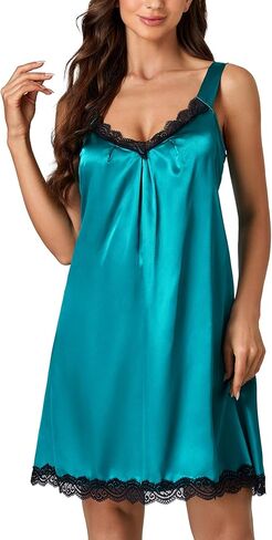 LYANER Women's Satin Nightgown Sexy V Neck Lace Lingerie Chemise Tank Nightdress Sleepwear in Saudi Arabia