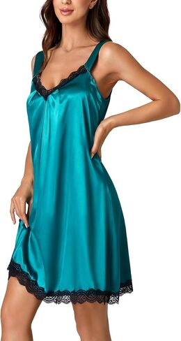 LYANER Women's Satin Nightgown Sexy V Neck Lace Lingerie Chemise Tank Nightdress Sleepwear in Saudi Arabia