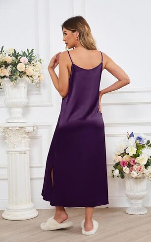 Womens Satin Nightgown Sexy Lingerie Sleepwear Spaghetti Strap Nightdress V Neck Chemises Silky Long Slip Dress in Saudi Arabia