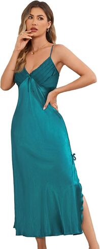 Womens Satin Nightgown Sexy Lingerie Sleepwear Spaghetti Strap Nightdress V Neck Chemises Silky Long Slip Dress in Saudi Arabia