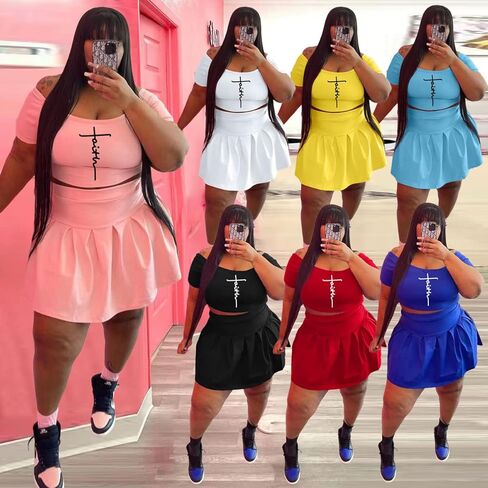 KELOVEPAN طقم تنورة قصير مطوي مقاس كبير مكون من قطعتين للنساء مثير، طقم تنورة بدون أكتاف طقم بدلة مكون من قطعتين in Kuwait