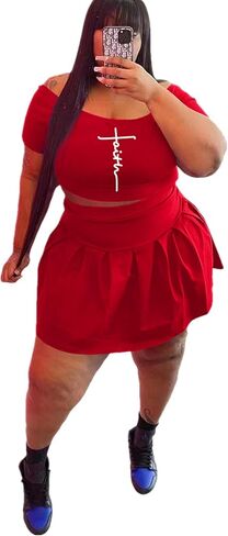 KELOVEPAN طقم تنورة قصير مطوي مقاس كبير مكون من قطعتين للنساء مثير، طقم تنورة بدون أكتاف طقم بدلة مكون من قطعتين in Kuwait