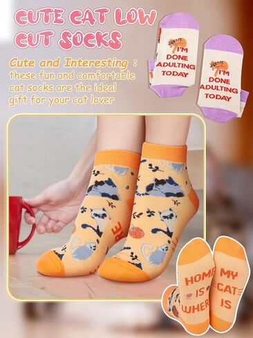 10 Pairs Cute Cat Socks for Women Novelty Cat Lady Low Cut Ankle Socks Christmas Holiday Birthday Gift for Cat Lovers in Saudi Arabia