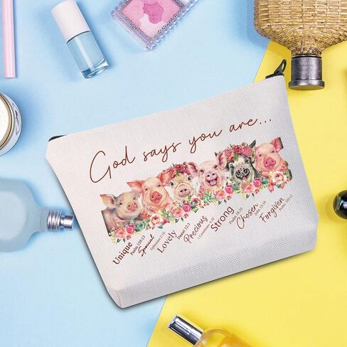 WZMPA Funny Pig Cosmetic Makeup Bag Pigs Lover Gift God Says You Are Unique Special Lovely Precious Strong Chosen Pig Zipper Pouch For Women Girls (God Says Pig) in Kuwait