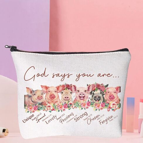 WZMPA Funny Pig Cosmetic Makeup Bag Pigs Lover Gift God Says You Are Unique Special Lovely Precious Strong Chosen Pig Zipper Pouch For Women Girls (God Says Pig) in Kuwait