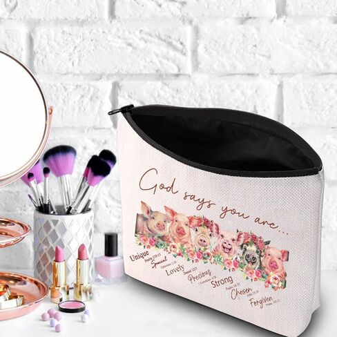 WZMPA Funny Pig Cosmetic Makeup Bag Pigs Lover Gift God Says You Are Unique Special Lovely Precious Strong Chosen Pig Zipper Pouch For Women Girls (God Says Pig) in Kuwait