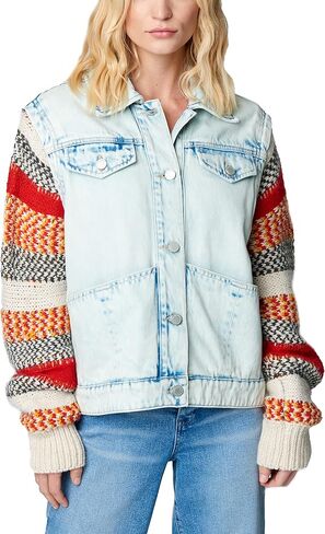 [BLANKNYC] Womens Luxury Clothing Colorblock Stripe Sweater Sleeve Denim Trucker Jacket, Comfortable & Stylish Coat in Saudi Arabia