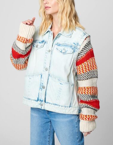 [BLANKNYC] Womens Luxury Clothing Colorblock Stripe Sweater Sleeve Denim Trucker Jacket, Comfortable & Stylish Coat in Saudi Arabia