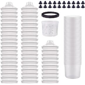 Disposable Paint Gun Cups Liners and Lid System Paint Sprayer Mixing Cup for HVLP Spray Gun 50 Cup Liners 50 Lids with Strainer 1 Hard Cup with Retainer Ring 20 Plugs, 650ML (22 OZ)