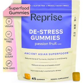 De-Stress Gummies with American Ginseng, Turmeric, and Goji - Assist with Stress Relief & Mood Boost, All-Natural Relaxation, Low-Sugar, 45 Vegan Gummies, Passion Fruit (45 Gummies (Pack of 1))