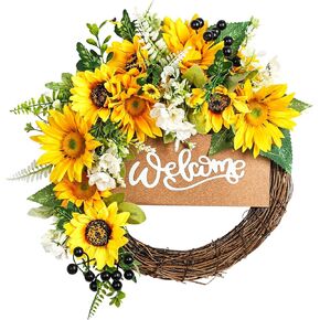 Sunflower Wreath for Front Door Decor,Sunflower Decor with Welcome 15 inches Spring and Summer Wreath for Door Outdoor Home Decor Decoration Yellow Daisy Wreath