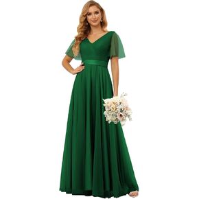 Miao Duo Women’s Flutter Sleeve Tulle Bridesmaid Dresses Long V Neck Empire Waist Formal Dress YZTS101