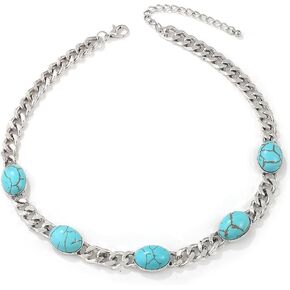 Asphinien Vintage Colorful Gemstone Choker Necklace Boho Turquoise Gem Charm Pendant Necklace Punk Chunky Cuban Link Chain with Multi-colored Gemstone Statement Jewelry for Women and Girls