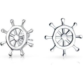 Tropical Beach Vacation Honeymoon Simple Nautical Boat Ship Wheel Anchor Dangle Earrings Lever Back For Women Teen Yellow 14K Gold Plated .925 Sterling Silver