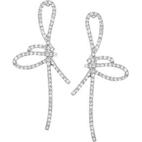 SWEETV Sparkly Rhinestones Earrings for Women, Silver Crystal Bow Drop Dangle Tassel Earrings for Wedding Bridal Prom Party