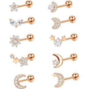 LOYALLOOK 10Pcs Cartilage Earrings Helix Tragus Earring Moon and Star Earrings CZ Heart Flower Barbell Surgical Steel Cartilage Earrings for Women Men