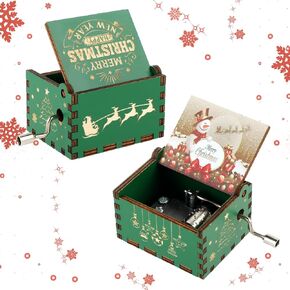 Amaxiu Christmas Music Box Gift, Wooden Hand Crank Music Boxes Mini Vintage Engraved Musical Boxes with Christmas's Theme Merry Christmas Decorations Gifts for New Year (Jingle Bells, B)